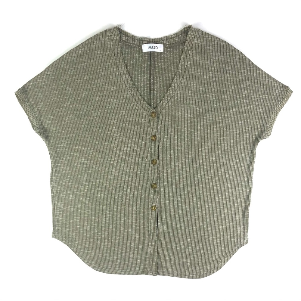 MOD Boutique Ribbed Front Tie Button Up Top - Picture 3 of 9